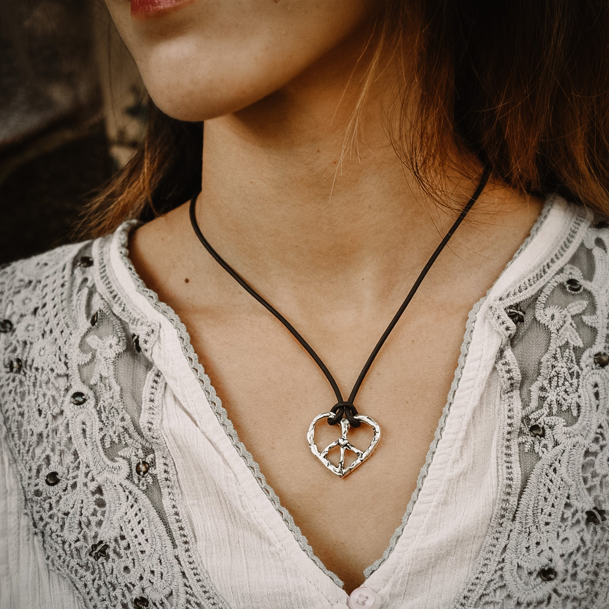 peace sign heart leather necklace