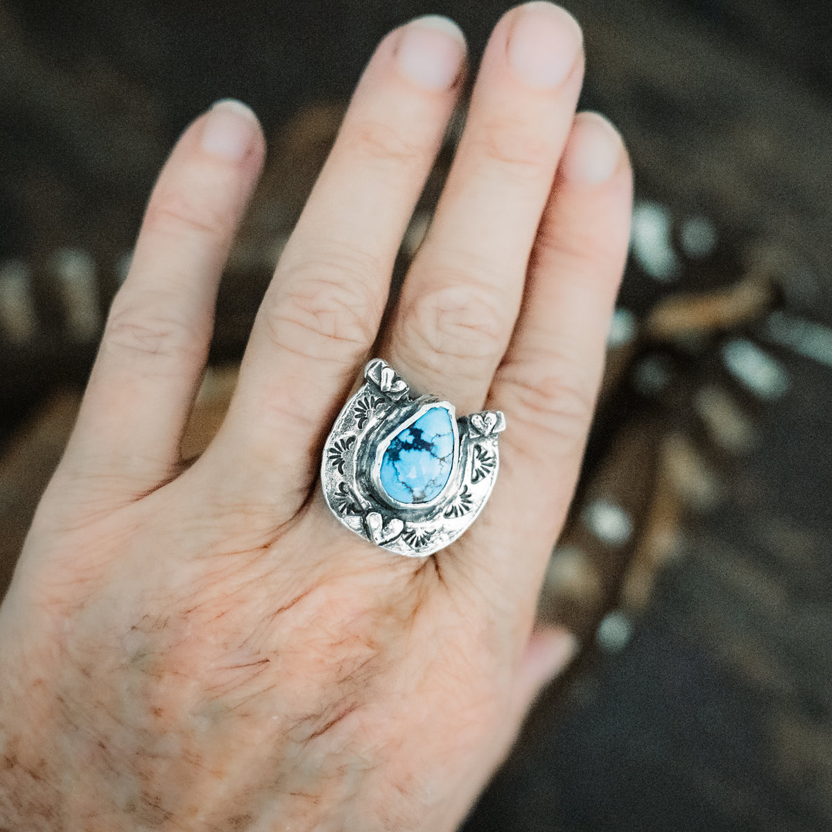 Big Horseshoe Golden Lavender Turquoise Ring - Adjusted to your size