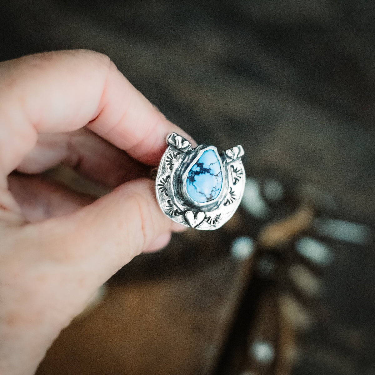 Big Horseshoe Golden Lavender Turquoise Ring - Adjusted to your size