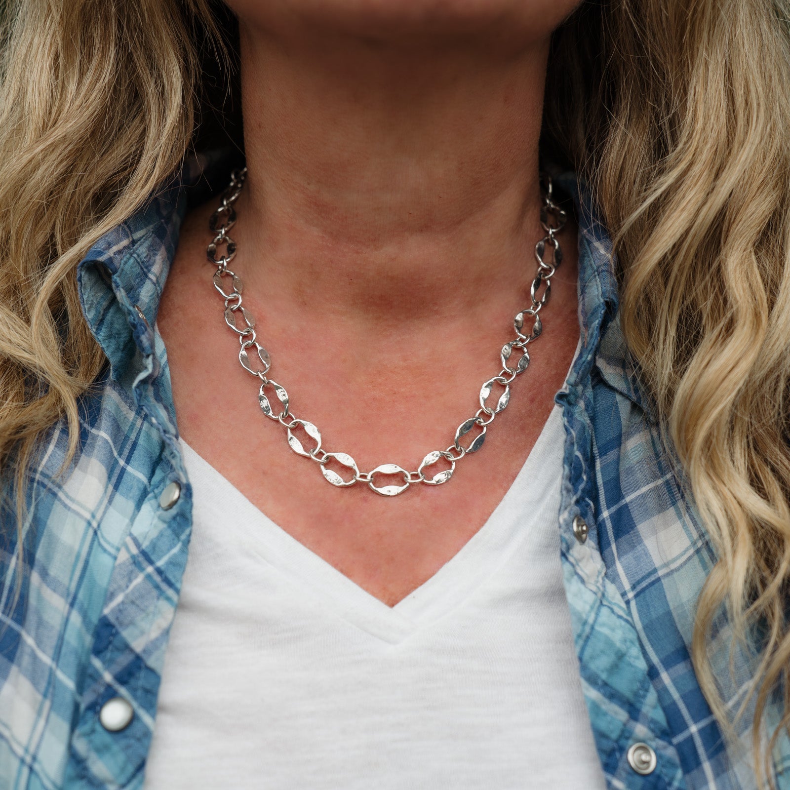Oval Hammered Chunky Chain Silver Necklace