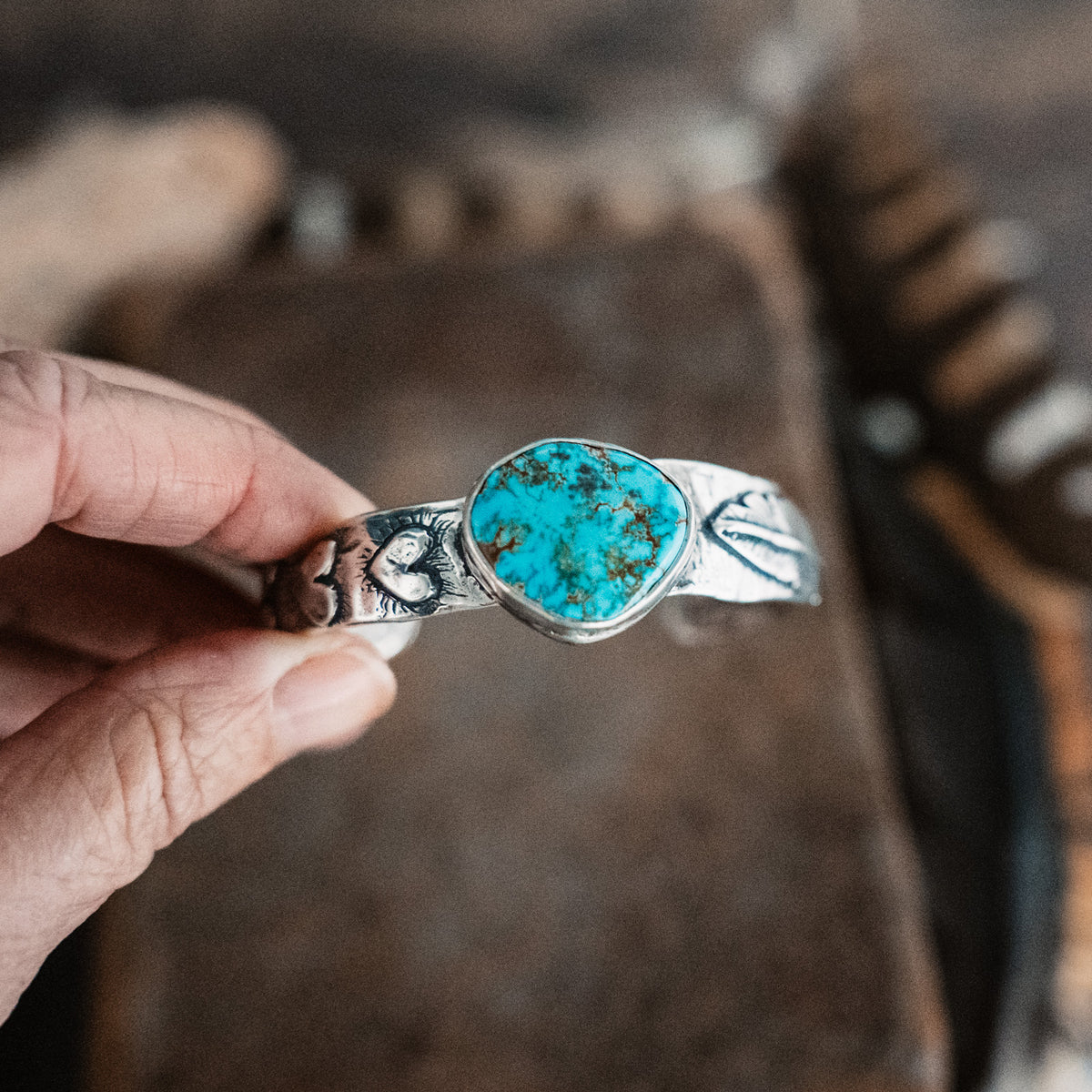 Hope is the thing with Feathers Turquoise Cuff- Sonoran Gold