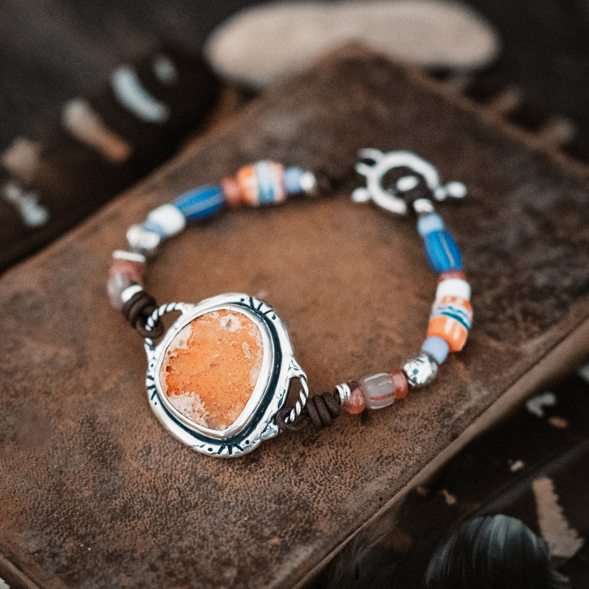 Light Seeker Fire Opal Trade Bead Bracelet- SIZE Large- 9&quot;