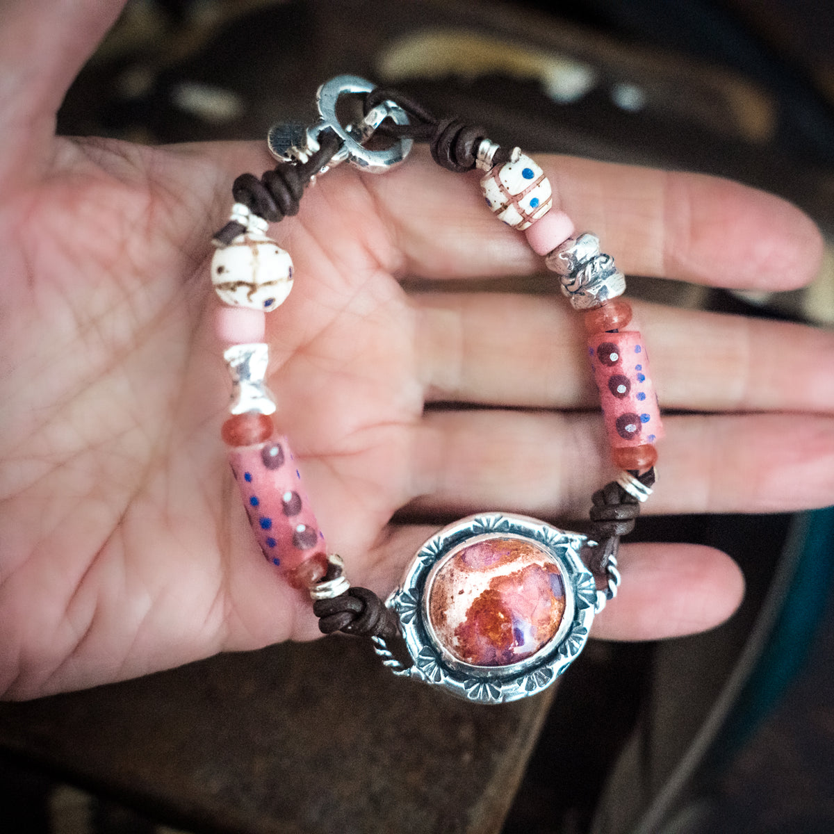 Pink Dawn Fire Opal Trade Bead Bracelet