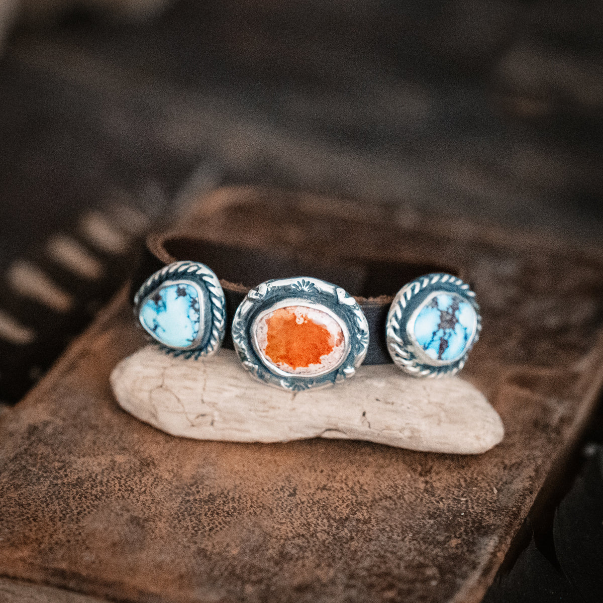 Three Blessings Turquoise Fire Opal Leather Cuff