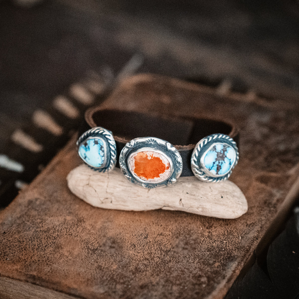 Three Blessings Turquoise Fire Opal Leather Cuff