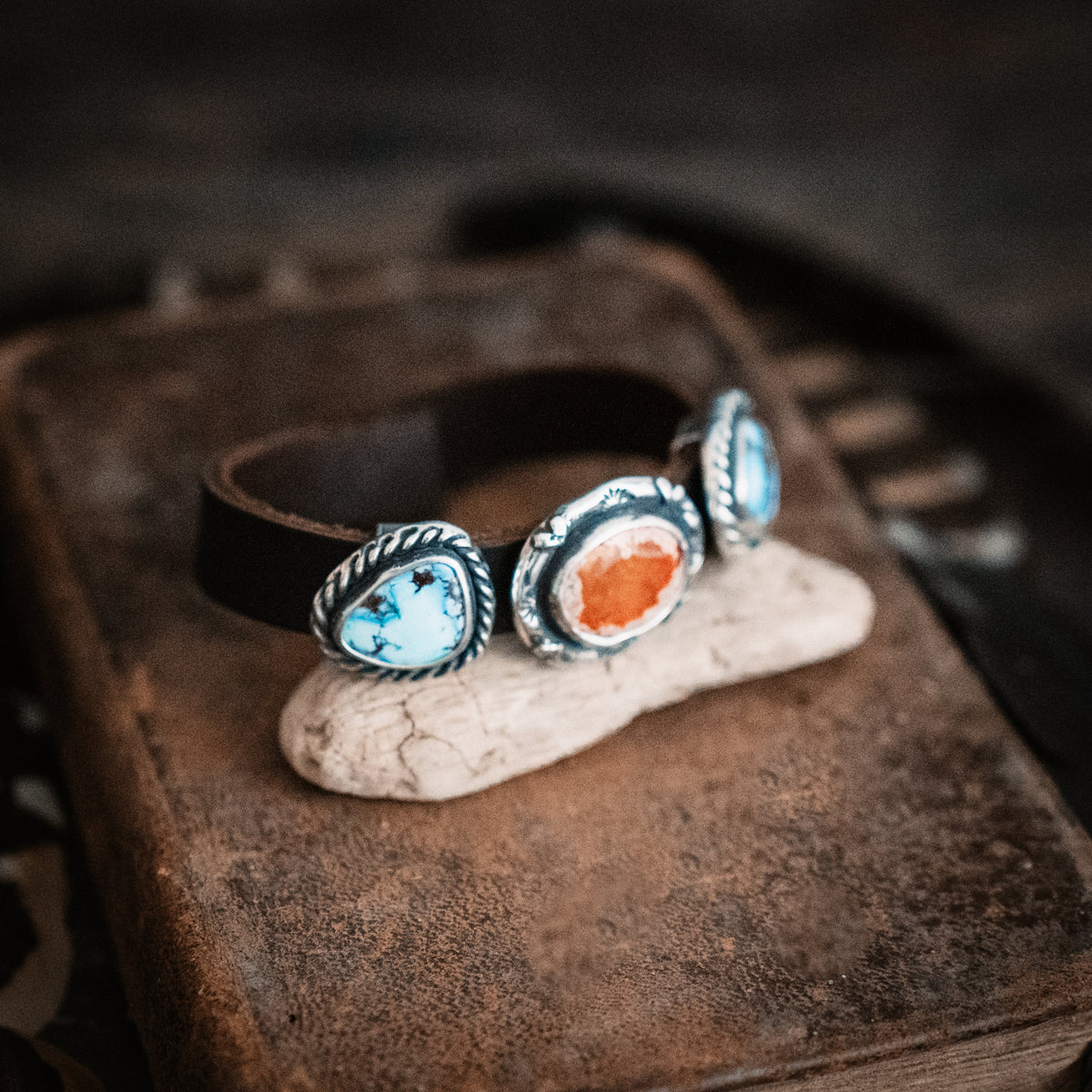 Three Blessings Turquoise Fire Opal Leather Cuff