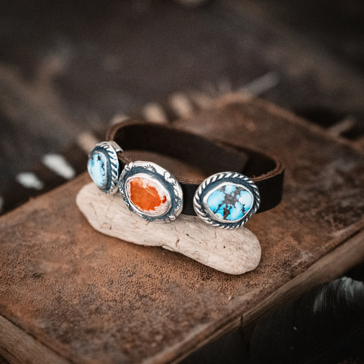 Three Blessings Turquoise Fire Opal Leather Cuff