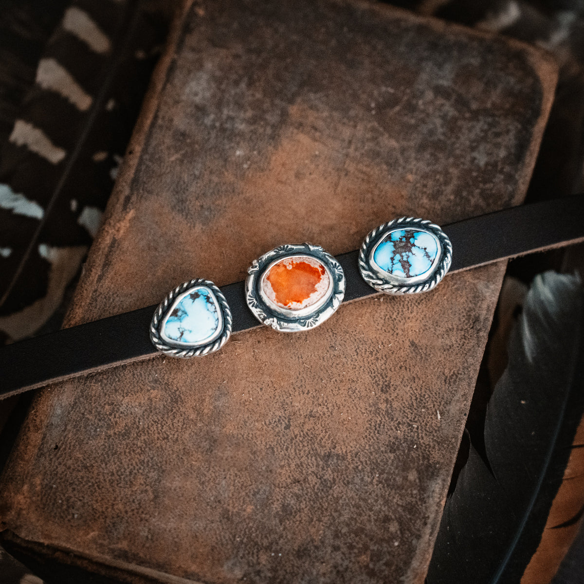 Three Blessings Turquoise Fire Opal Leather Cuff
