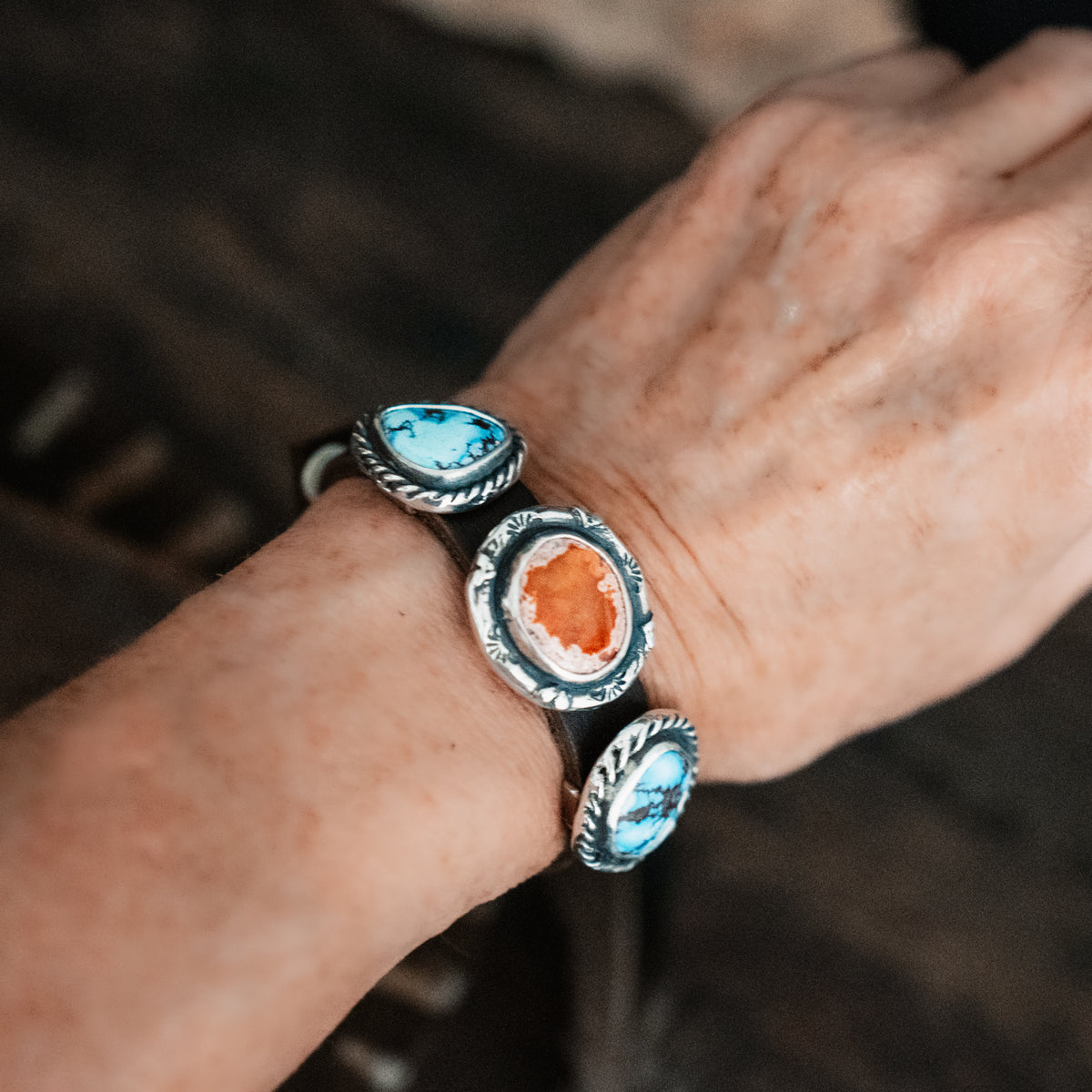 Three Blessings Turquoise Fire Opal Leather Cuff