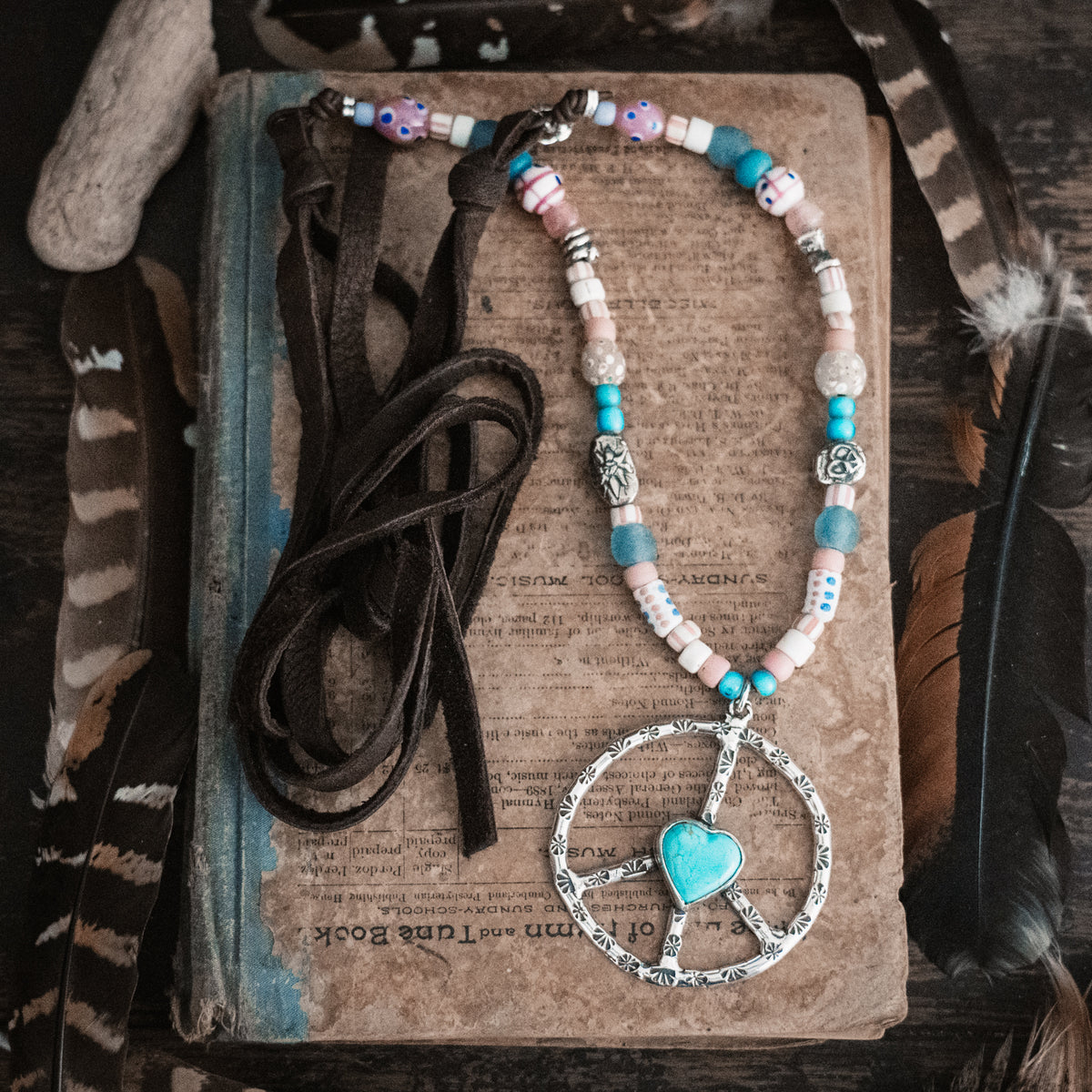 Woodstock Peace Sign Turquoise Necklace