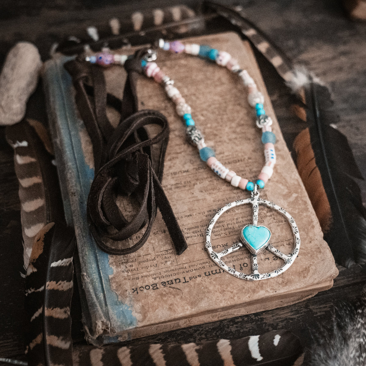 Woodstock Peace Sign Turquoise Necklace
