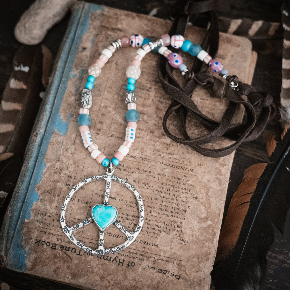 Woodstock Peace Sign Turquoise Necklace