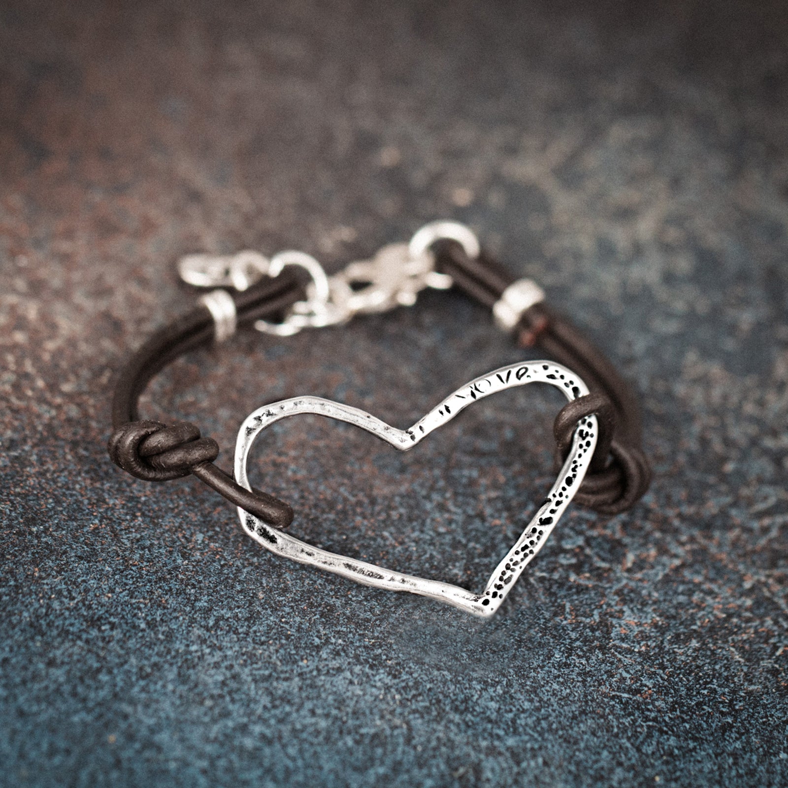 open heart sterling silver leather bracelet