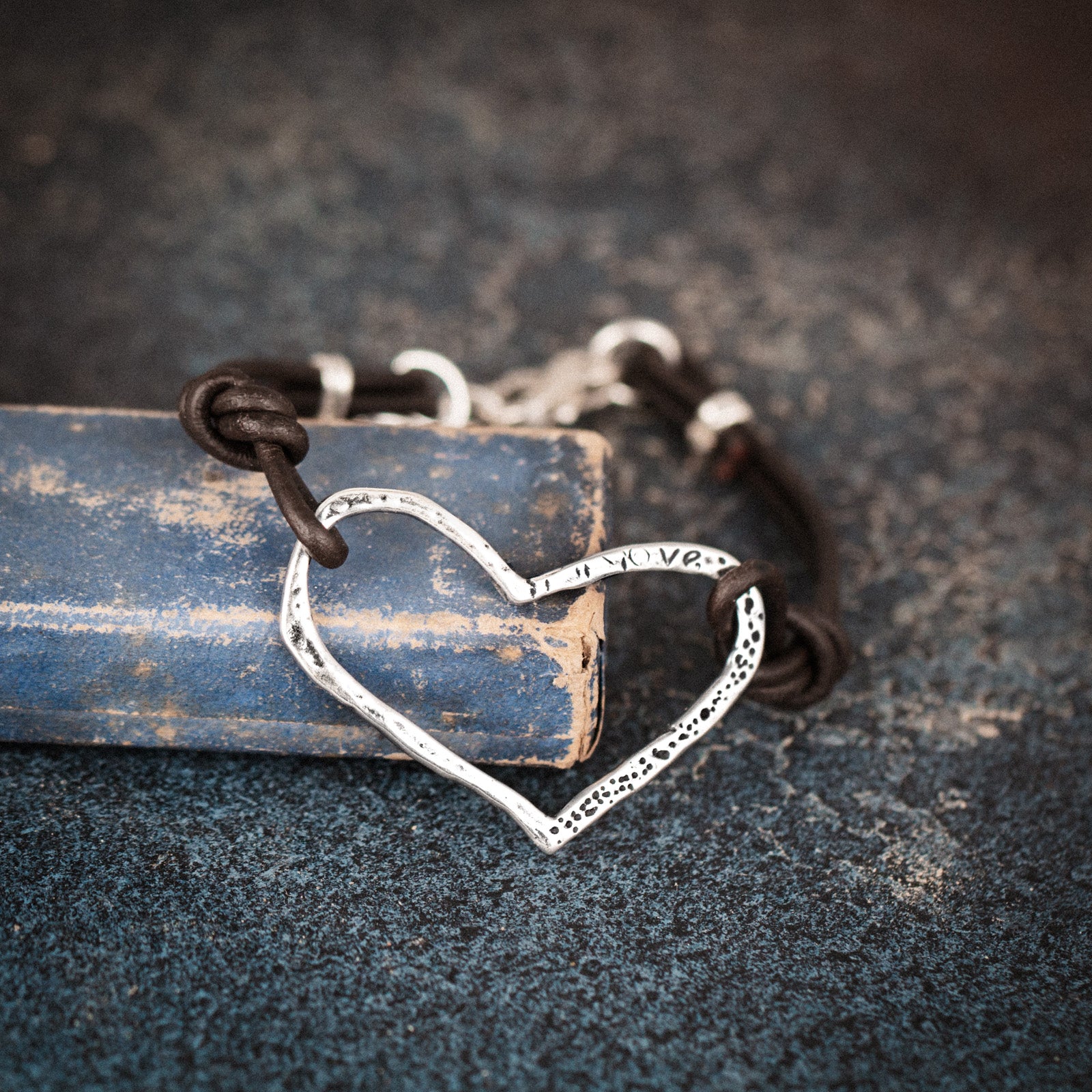 open heart sterling silver leather bracelet