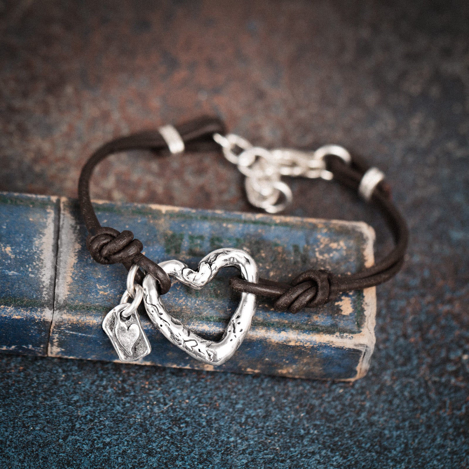 silver heart leather bracelet