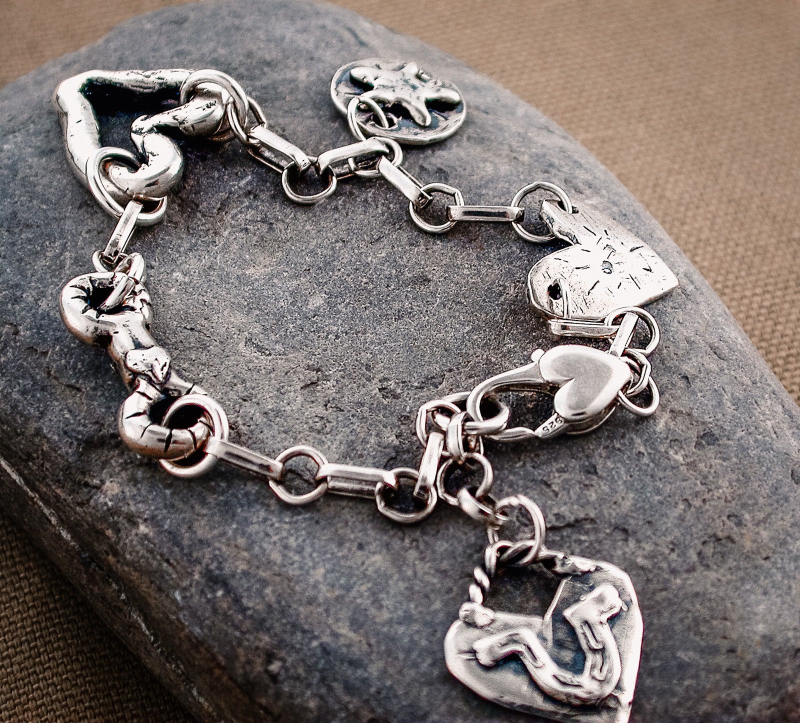 Sterling Silver Medley of Hearts Bracelet with Heart Charms