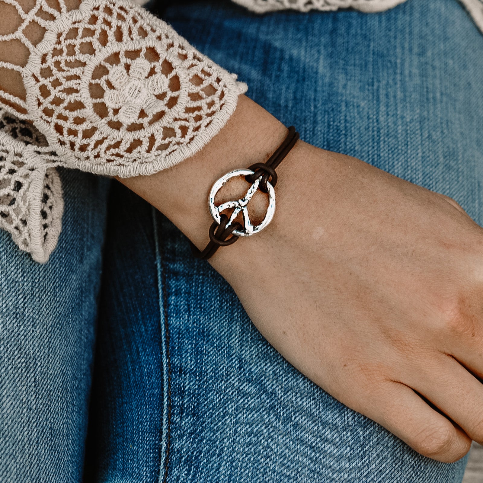 peace sign bracelet leather