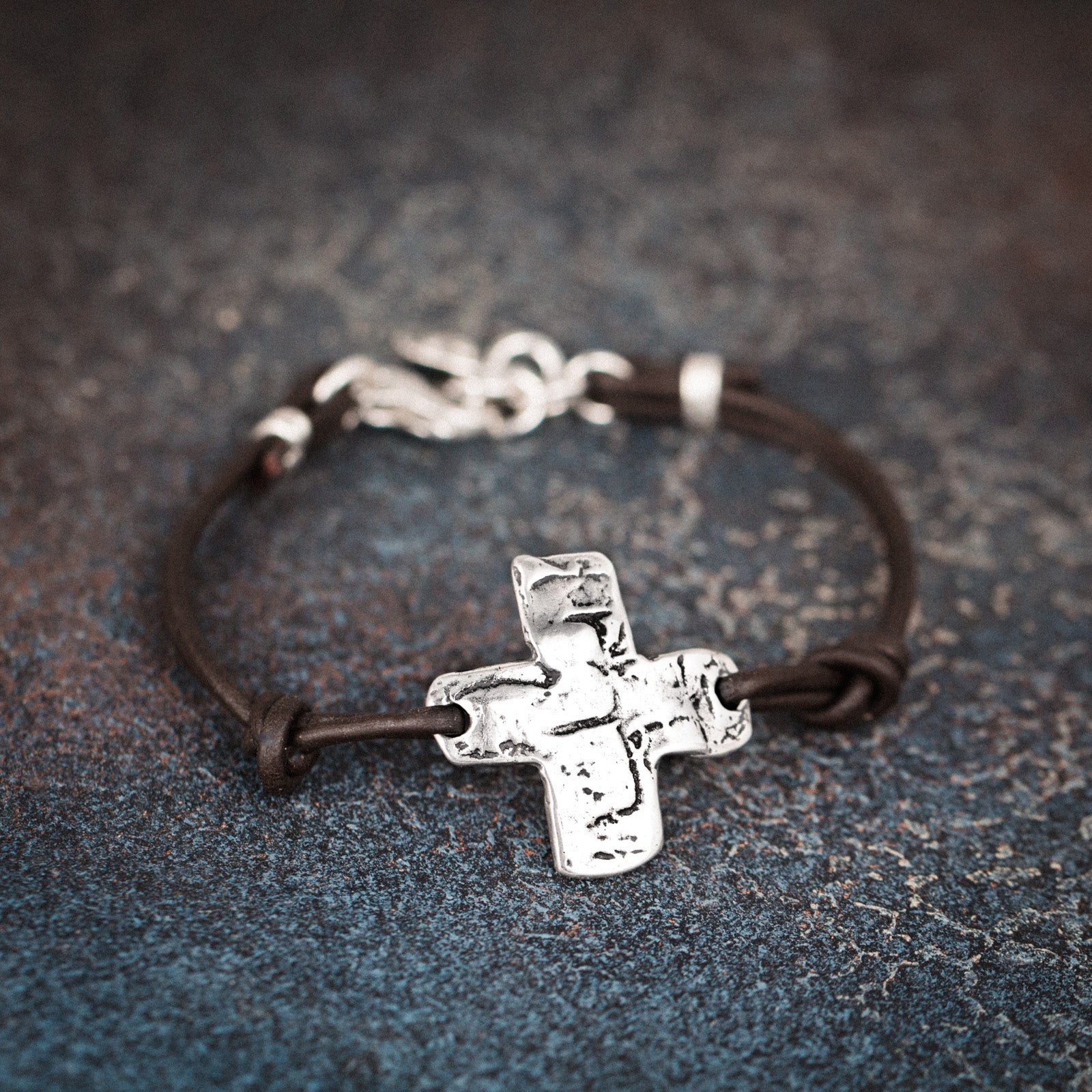 Rough Cut Mini Sideways Leather Cross Bracelet - Soul Peaces